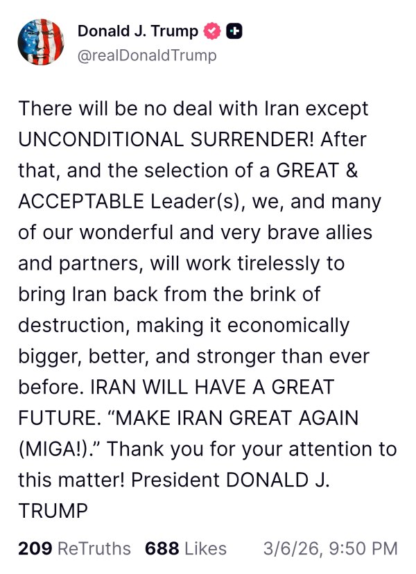 战事持续一周之际 特朗普要求伊朗“无条件投降”
