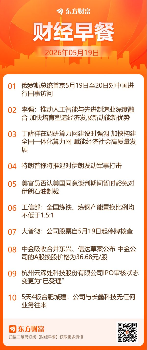 东方财富财经早餐 5月19日周二